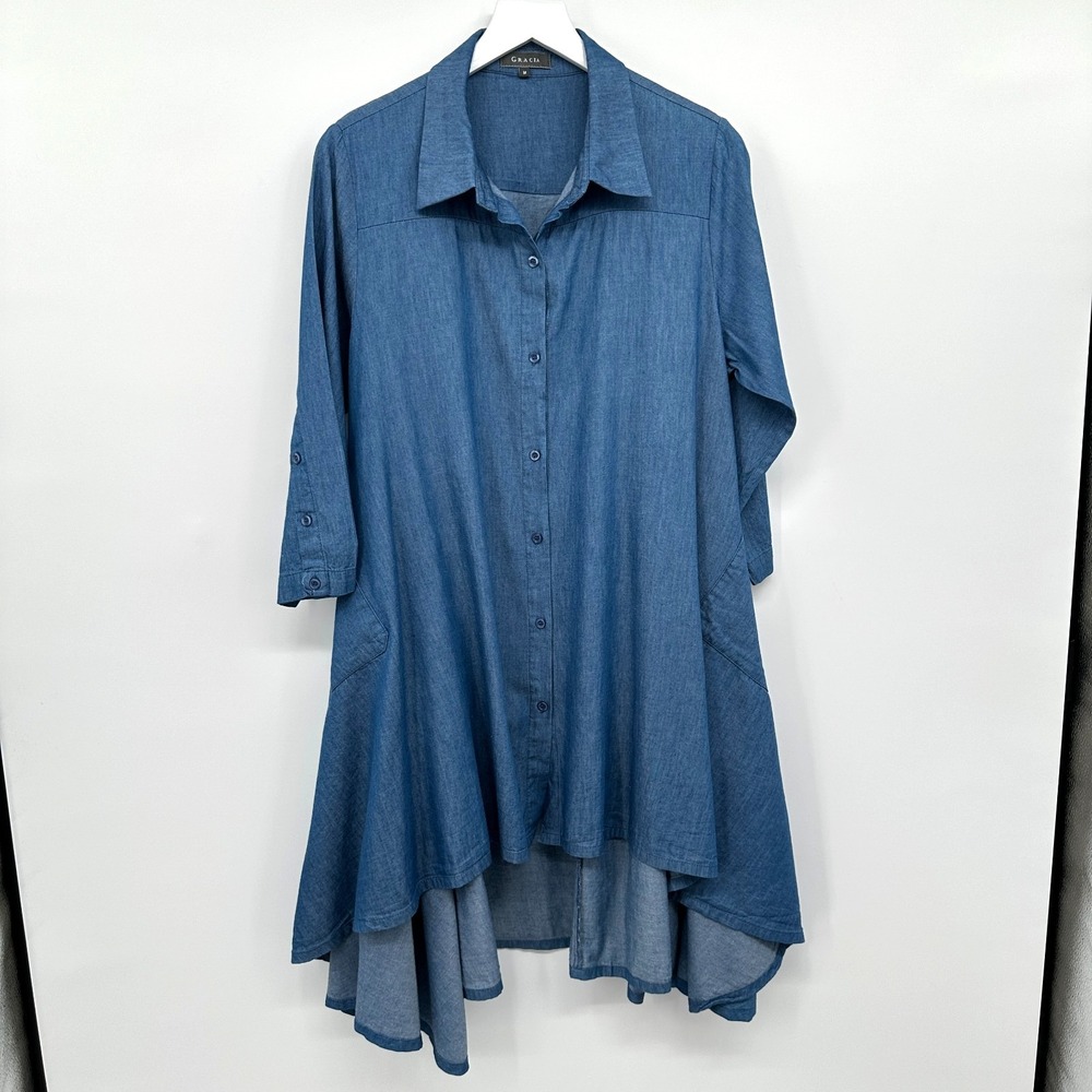 Gracia Tunic Shirt Dress Medium Chambray Denim 3/4 Sleeve‎ Stretch Flowy Minimal